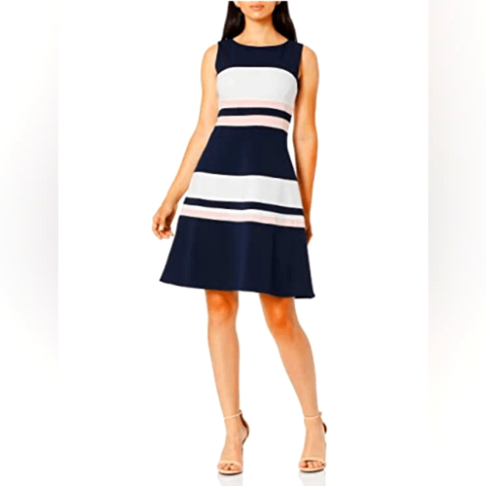 Tommy Hilfiger Navy, White & Pink A-Line Knee Length Dress EUC
